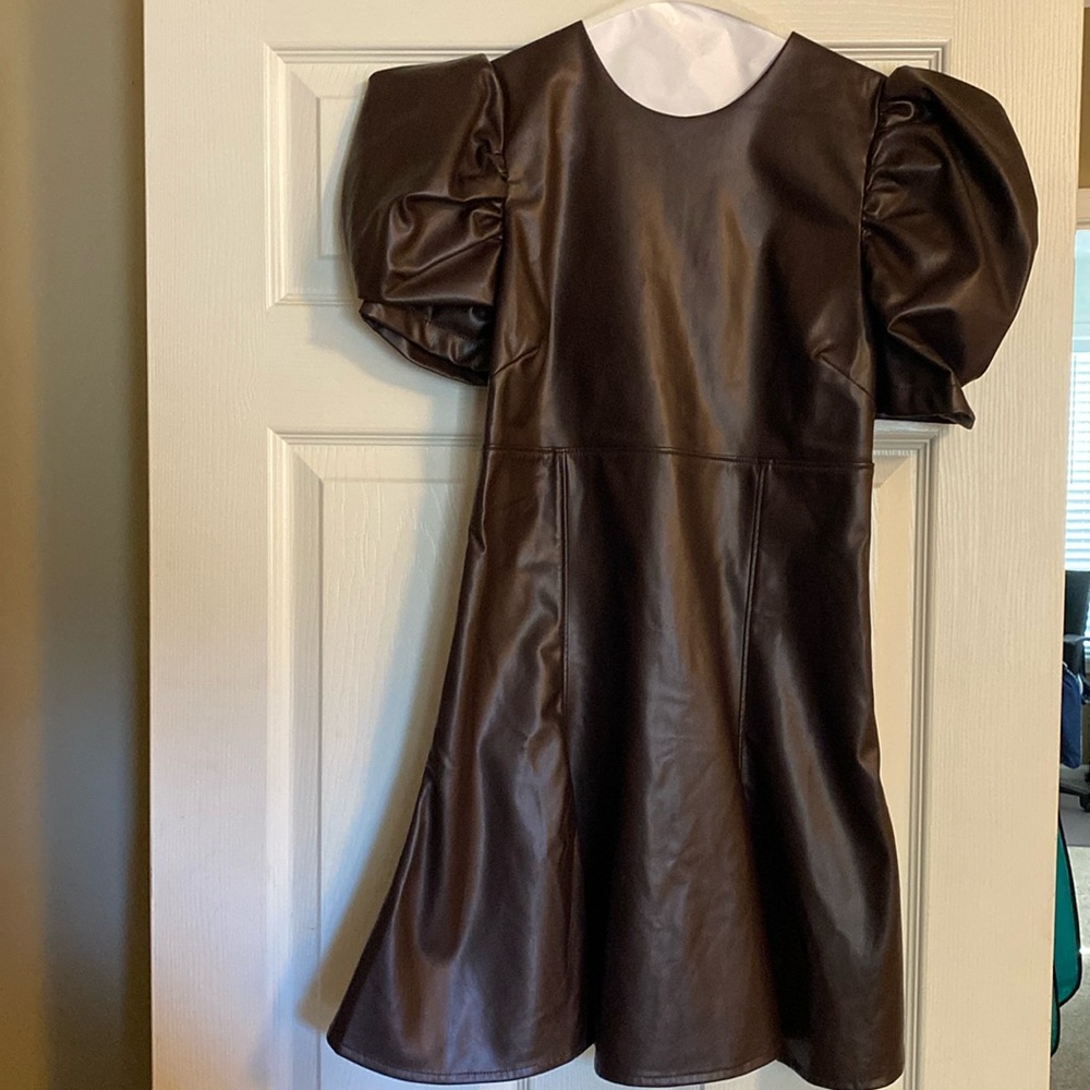 Karlie mahogany colored pleather fit and flare dress